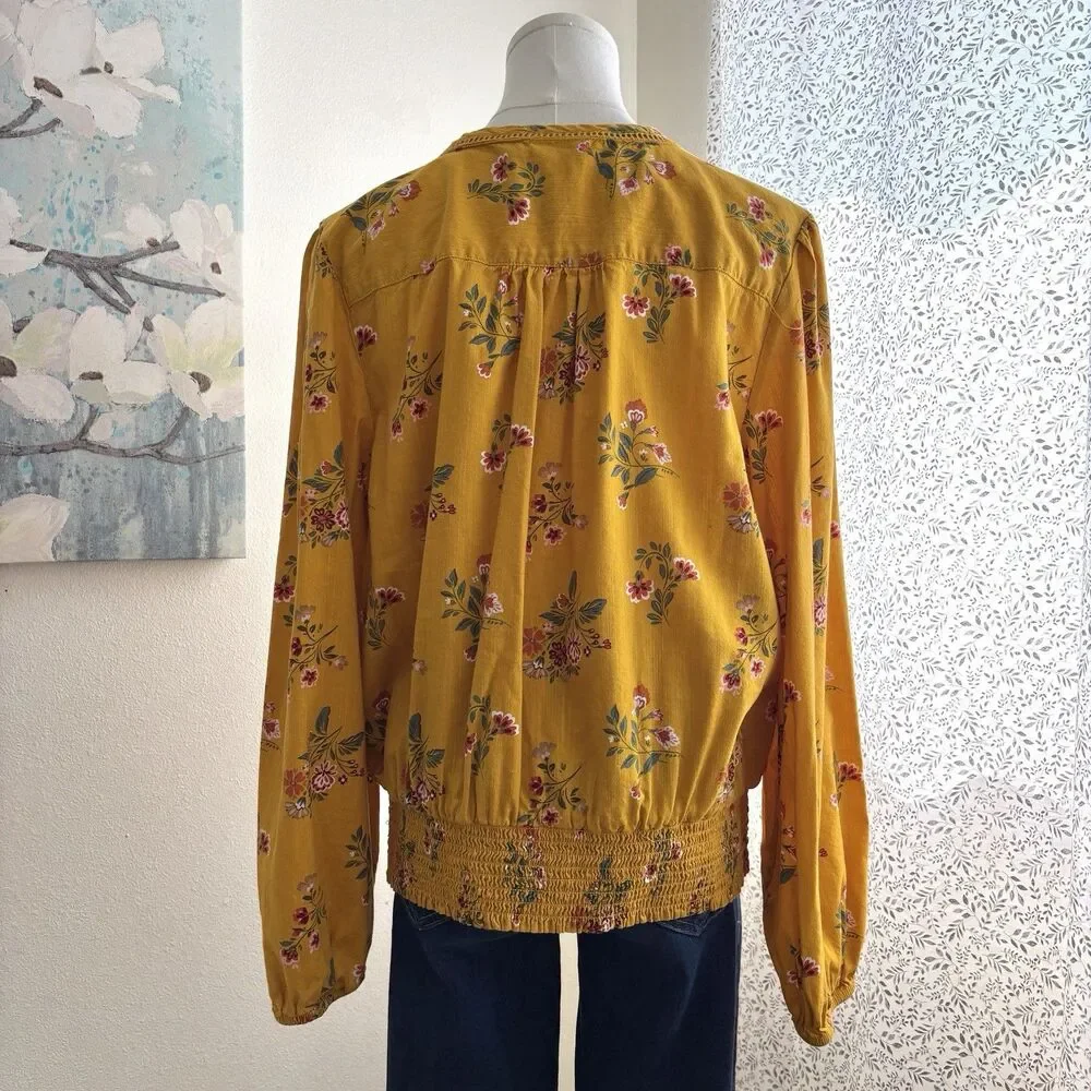 St Johns Bay Womens L Mustard Floral Blouse Surplice Smocked Hem Long Sleeve